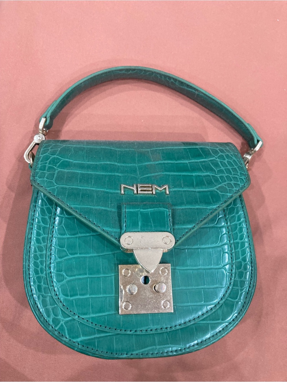 NEM Teal Croc-Embossed Mini Top Handle Bag